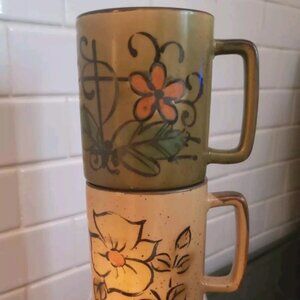2 Vintage 1970s Otagiri-Style Speckled Stoneware Floral Coffee Mugs Cottagecore